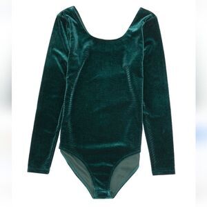 Modcloth Dark Green Stretch Velvet Bodysuit Scoop Neck Long Sleeve Size XL